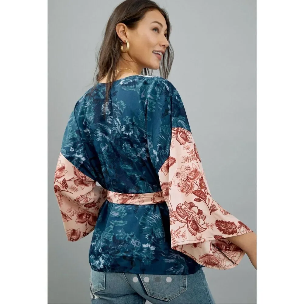 Anthropologie Tori Floral Cropped Belted Kimono Blue Multi One Size - Picture 2 of 13
